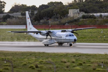 Photo for Luqa, Malta - December 15, 2023: Philippines Air Force Airbus C-295M (Reg.: 177) departing on its ferry flight after a night stop. - Royalty Free Image