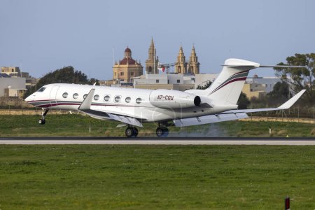Photo for Luqa, Malta - January 16, 2024: Qatar Executive Gulfstream Aerospace G650ER (G-VI) (REG: A7-CGU) a new aircraft for this operator. - Royalty Free Image