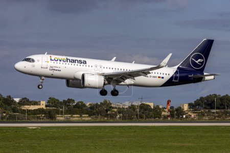 Photo for Luqa, Malta - December 30, 2023: Lufthansa Airbus A320-271N (REG: D-AINY) in the special LoveHansa Livery. - Royalty Free Image