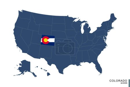 Ilustración de Estado de Colorado en el mapa azul de Estados Unidos de América. Bandera y mapa de Colorado. - Imagen libre de derechos