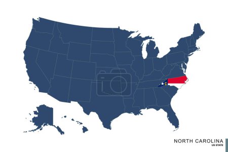 Ilustración de State of North Carolina en el mapa azul de Estados Unidos de América. Bandera y mapa de Carolina del Norte. - Imagen libre de derechos