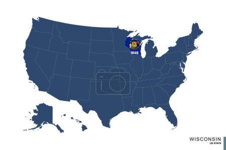 Ilustración de Estado de Wisconsin en el mapa azul de Estados Unidos de América. Bandera y mapa de Wisconsin. - Imagen libre de derechos