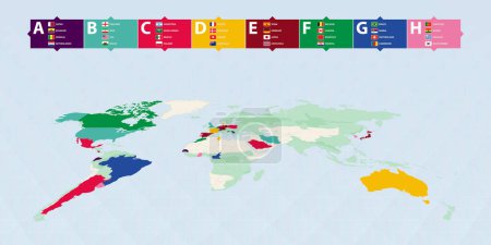 Ilustración de Las banderas de los participantes en el torneo de Fútbol 2022 se clasifican por grupo y se destacan en el mapa mundial por color de grupo. Ilustración vectorial. - Imagen libre de derechos