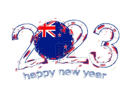Ilustración de 2023 Año en estilo grunge con bandera de Nueva Zelanda. - Imagen libre de derechos