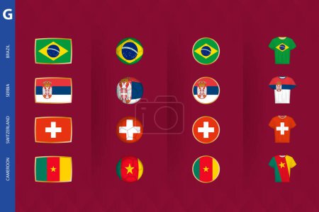 Ilustración de Colección de banderas del grupo G torneo de fútbol, un conjunto de iconos vectoriales. Ilustración vectorial. - Imagen libre de derechos