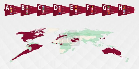Illustration for Football competition participants highlighted on the world map. All group of tournament. Vector illustration. - Royalty Free Image