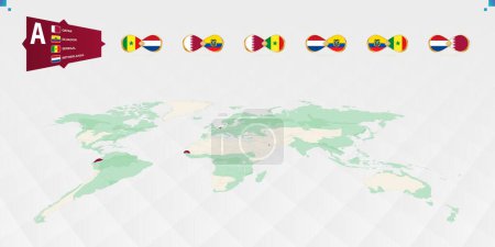 Ilustración de Los participantes en el Grupo A del torneo de fútbol, destacado en Borgoña en el mapa del mundo. Todos los juegos grupales. Ilustración vectorial. - Imagen libre de derechos