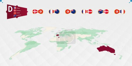 Ilustración de Los participantes en el Grupo D del torneo de fútbol, destacado en Borgoña en el mapa del mundo. Todos los juegos grupales. Ilustración vectorial. - Imagen libre de derechos