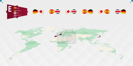 Ilustración de Los participantes en el Grupo E del torneo de fútbol, destacado en Borgoña en el mapa del mundo. Todos los juegos grupales. Ilustración vectorial. - Imagen libre de derechos