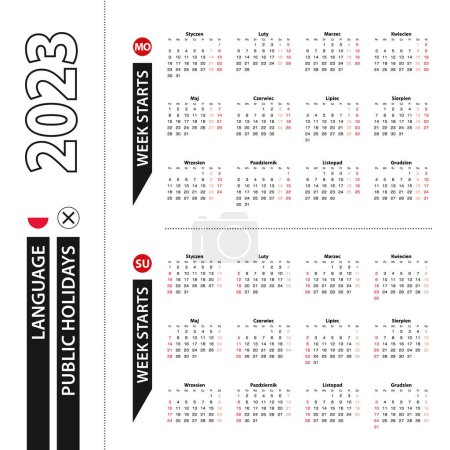 Ilustración de Dos versiones del calendario 2023 en polaco, la semana comienza el lunes y la semana comienza el domingo. - Imagen libre de derechos