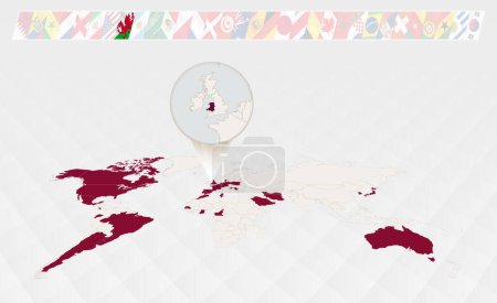 Illustration for Enlarge the map of Wales selected on the perspective world map, Infographics about the participants in soccer tournament. - Royalty Free Image
