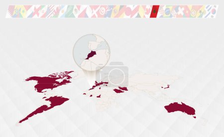 Illustration for Enlarge the map of Morocco selected on the perspective world map, Infographics about the participants in soccer tournament. - Royalty Free Image