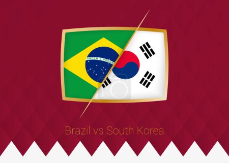 Illustration for Brazil vs South Korea, round of 16 icon of football competition on burgundy background. Vector icon. - Royalty Free Image