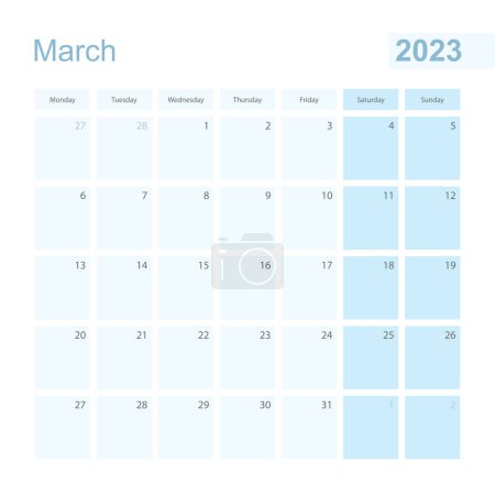 Illustration for 2023 March wall planner in blue pastel color, week starts on Monday. - Royalty Free Image