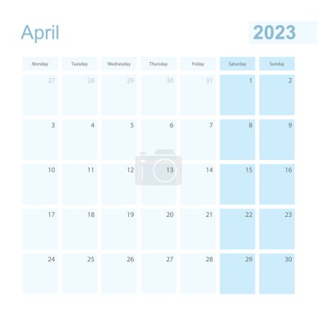 2023 planificador de pared de abril en color pastel azul, la semana comienza el lunes.