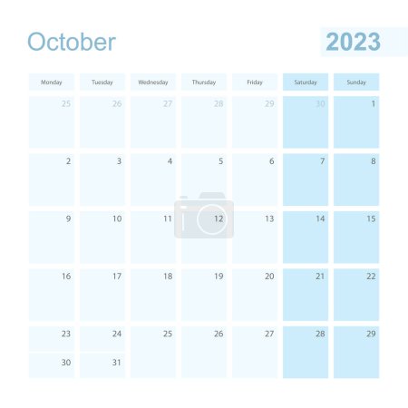 Illustration for 2023 October wall planner in blue pastel color, week starts on Monday. - Royalty Free Image
