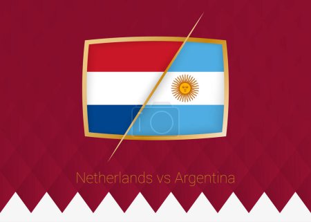 Illustration for Netherlands vs Argentina, Quarter finals icon of football competition on burgundy background. Vector icon. - Royalty Free Image