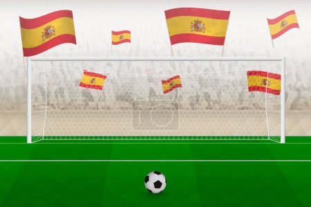 Illustration for Spain football team fans with flags of Spain cheering on stadium, penalty kick concept in a soccer match. - Royalty Free Image
