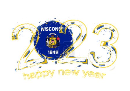 Ilustración de 2023 Año en estilo grunge con la bandera de Wisconsin. - Imagen libre de derechos