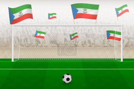 Téléchargez les illustrations : Fans de l "équipe de Guinée équatoriale avec des drapeaux de Guinée équatoriale acclamant le stade, concept de penalty kick dans un match de football. - en licence libre de droit