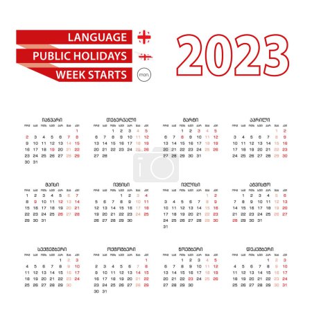 Téléchargez les illustrations : Calendrier 2023 en langue géorgienne avec jours fériés le pays de Géorgie en 2023. - en licence libre de droit