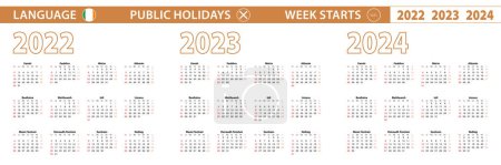 Téléchargez les illustrations : 2022, 2023, 2024 année calendrier vectoriel en langue irlandaise, la semaine commence le dimanche. - en licence libre de droit