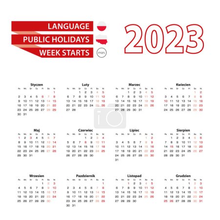 Ilustración de Calendario 2023 en lengua polaca con días festivos el país de Polonia en el año 2023. - Imagen libre de derechos