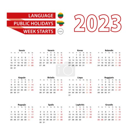 Illustration for Calendar 2023 in Lithuanian language with public holidays the country of Lithuania in year 2023. - Royalty Free Image