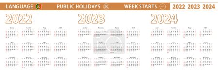 2022, 2023, 2024 año calendario vectorial en lengua portuguesa, la semana comienza el domingo.