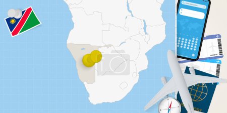 Ilustración de Viajar a Namibia concepto, mapa con pin en el mapa de Namibia. Mapa de preparación de vacaciones, bandera, pasaporte y boletos. - Imagen libre de derechos
