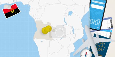 Ilustración de Viajar a Angola concepto, mapa con pin en el mapa de Angola. Mapa de preparación de vacaciones, bandera, pasaporte y boletos. - Imagen libre de derechos