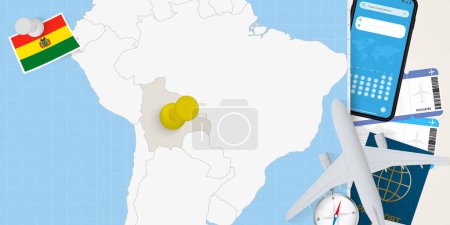 Ilustración de Viajar a Bolivia concepto, mapa con pin en el mapa de Bolivia. Mapa de preparación de vacaciones, bandera, pasaporte y boletos. - Imagen libre de derechos