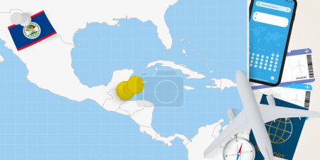 Téléchargez les illustrations : Voyage au Belize concept, carte avec épingle sur la carte de Belize. Préparation des vacances carte, drapeau, passeport et billets. - en licence libre de droit