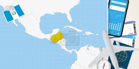 Ilustración de Viajar a Guatemala concepto, mapa con pin en el mapa de Guatemala. Mapa de preparación de vacaciones, bandera, pasaporte y boletos. - Imagen libre de derechos