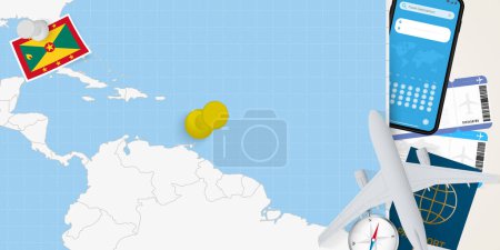 Illustration for Travel to Grenada concept, map with pin on map of Grenada. Vacation preparation map, flag, passport and tickets. - Royalty Free Image