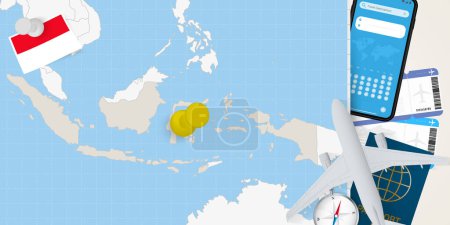 Ilustración de Viajar a Indonesia concepto, mapa con pin en el mapa de Indonesia. Mapa de preparación de vacaciones, bandera, pasaporte y boletos. - Imagen libre de derechos