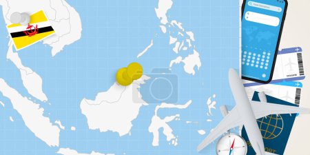 Ilustración de Viajar a Brunei concepto, mapa con pin en el mapa de Brunei. Mapa de preparación de vacaciones, bandera, pasaporte y boletos. - Imagen libre de derechos