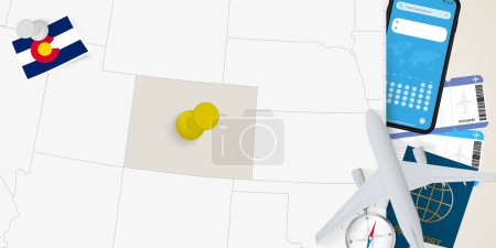 Travel to Colorado concept, map with pin on map of Colorado. Vacation preparation map, flag, passport and tickets.