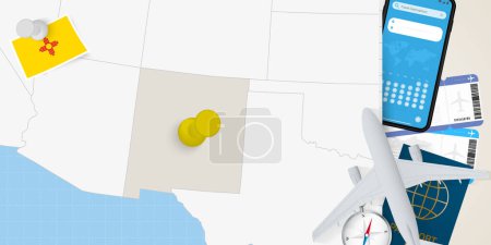Ilustración de Viajar a Nuevo México concepto, mapa con pin en el mapa de Nuevo México. Mapa de preparación de vacaciones, bandera, pasaporte y boletos. - Imagen libre de derechos