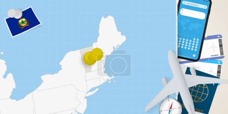 Ilustración de Viaja a Vermont concepto, mapa con pin en el mapa de Vermont. Mapa de preparación de vacaciones, bandera, pasaporte y boletos. - Imagen libre de derechos