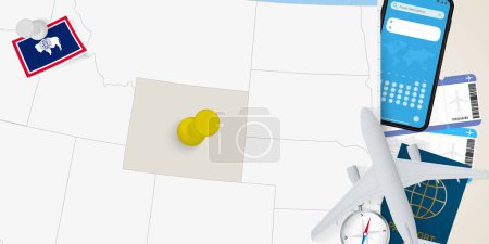 Ilustración de Viaja a Wyoming concepto, mapa con pin en el mapa de Wyoming. Mapa de preparación de vacaciones, bandera, pasaporte y boletos. - Imagen libre de derechos
