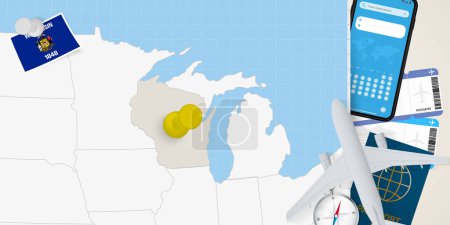 Ilustración de Viaja a Wisconsin concepto, mapa con pin en el mapa de Wisconsin. Mapa de preparación de vacaciones, bandera, pasaporte y boletos. - Imagen libre de derechos