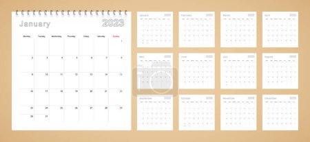 Illustration for Simple wall calendar 2023 year with dotted lines. The calendar is in English, week start from Monday. - Royalty Free Image