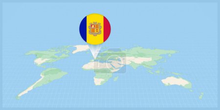 Illustration for Location of Andorra on the world map, marked with Andorra flag pin. - Royalty Free Image