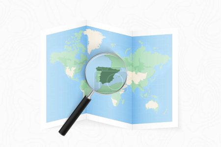 Ilustración de Enlarge Spain with a magnifying glass on a folded map of the world. - Imagen libre de derechos