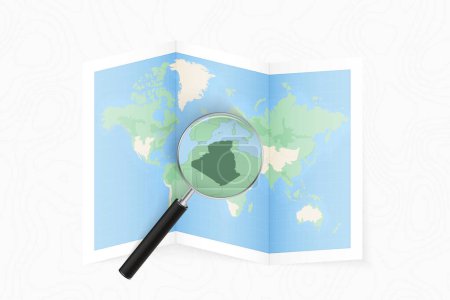 Ilustración de Enlarge Algeria with a magnifying glass on a folded map of the world. - Imagen libre de derechos