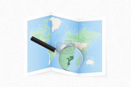 Téléchargez les illustrations : Enlarge Mozambique with a magnifying glass on a folded map of the world. - en licence libre de droit
