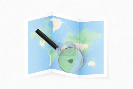 Illustration for Enlarge Zimbabwe with a magnifying glass on a folded map of the world. - Royalty Free Image