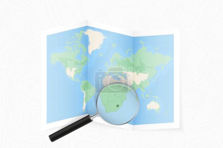 Ilustración de Enlarge Lesotho with a magnifying glass on a folded map of the world. - Imagen libre de derechos