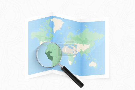 Illustration for Enlarge Peru with a magnifying glass on a folded map of the world. - Royalty Free Image